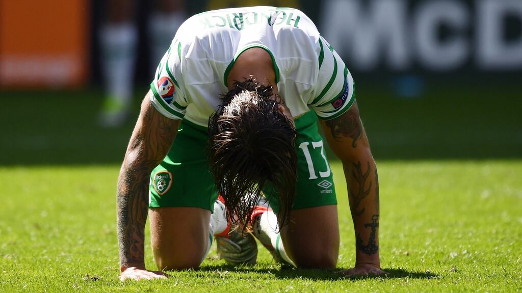 Republic of Ireland midfielder Jeff Hendrick at the final whistle of the Group E game against Belgium at Stade Matmut Atlantique in Bordeaux. Photograph: Dennis Grombkowski/Getty Images