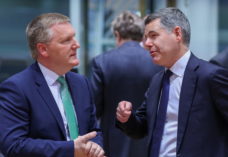 Minister for Finance Michael McGrath with Minister for Public Expenditure Paschal Donohoe. Mr Donohoe introduced the residential zoned land tax in 2022 when he was minister for finance. Mr McGrath deferred it for one year in his 2024 budget. Photograph: Olivier Hoslet/Shutterstock/EPA-EFE