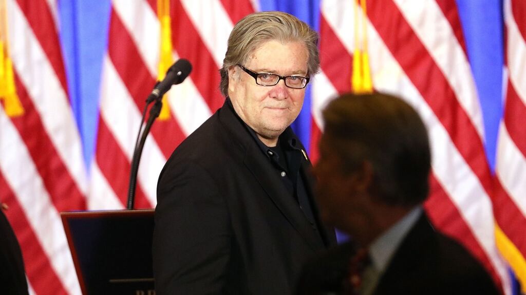 Donald Trump’s chief strategist Steve Bannon: cited as blaming globalism, multilateral institutions like the EU, Davos and multiculturalism for undermining national communities and Judeo-Christian values. Photograph: Spencer Platt/Getty Images