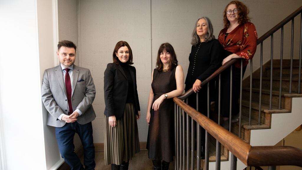 The Irish Times Irish Theatre Awards judges Paula Shields (centre), Catriona Crowe (second from right) and Ella Daly (far right) with, from far left, Gerard McNaughton and Ruth McCarthy of Tilestyle. Photograph: Tom Honan