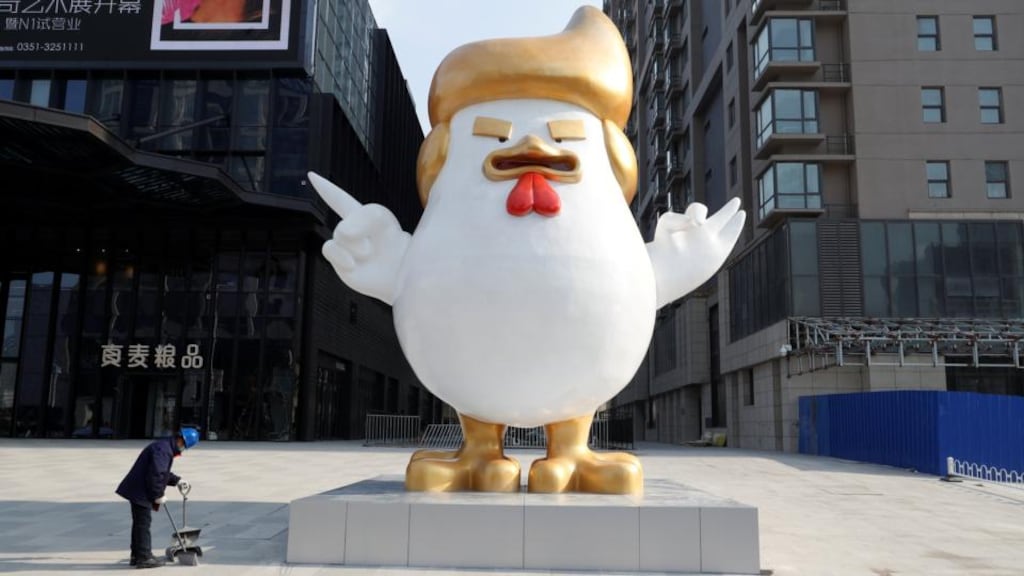 Donald Trump rooster statue in Taiyuan, Shaanxi province: The advent of the new US president has been a huge conversation topic, especially as there are fears about what direction the Chinese economy is headed in.  Photograph: Jon Woo/Reuters