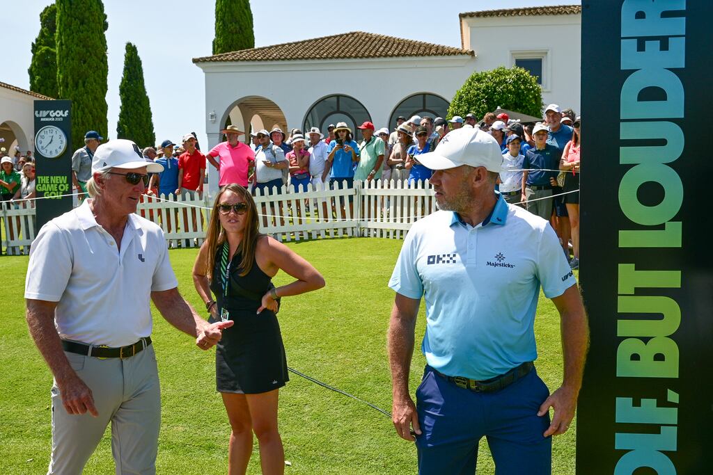 LIV chief executive Greg Norman talks with Lee Westwood during day one of LIV Golf event at Valderrama. Photograph: Octavio Passos/Getty Images