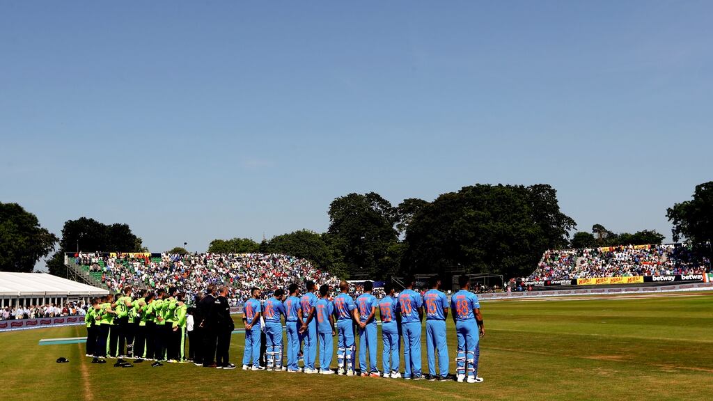 The Ireland and Indian teams stand for the anthems ahead of the T20 International at Malahide Cricket Club in June 2018. Photograph: James Crombie/Inpho
