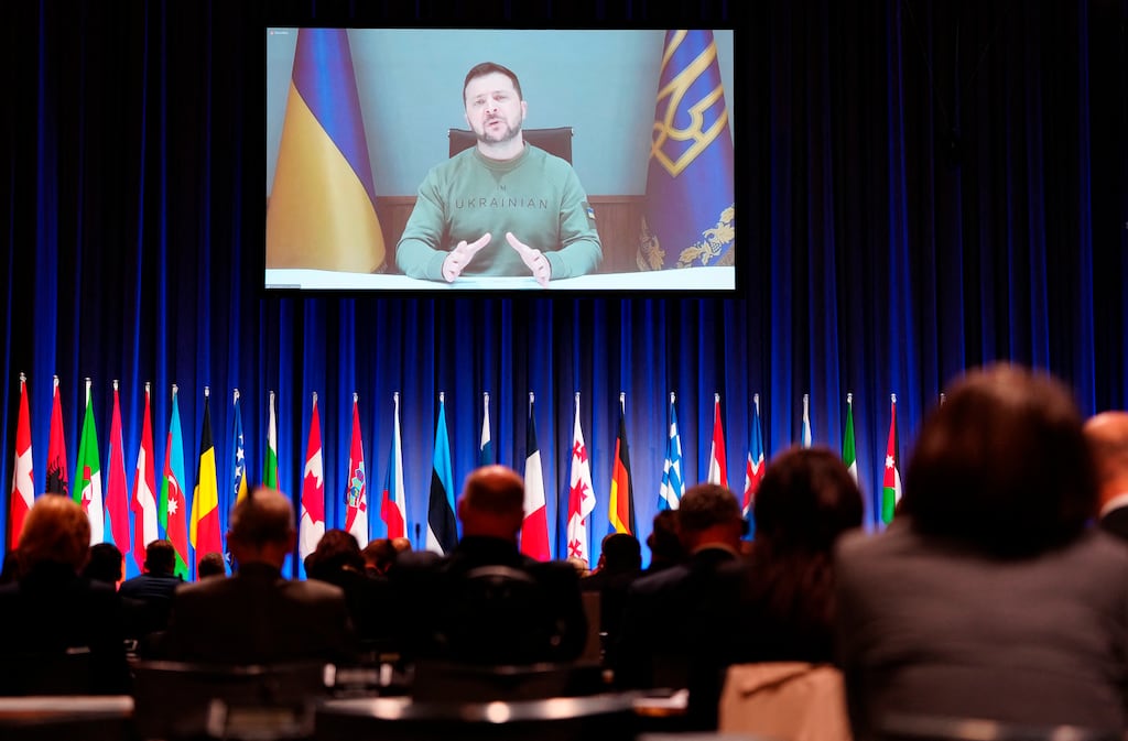 Ukrainian president Volodymyr Zelenskiy joins the Nato Parliamentary Assembly via video conference. Photograph: Liselotte Sabroe/Ritzau Scanpix/AFP via Getty Images