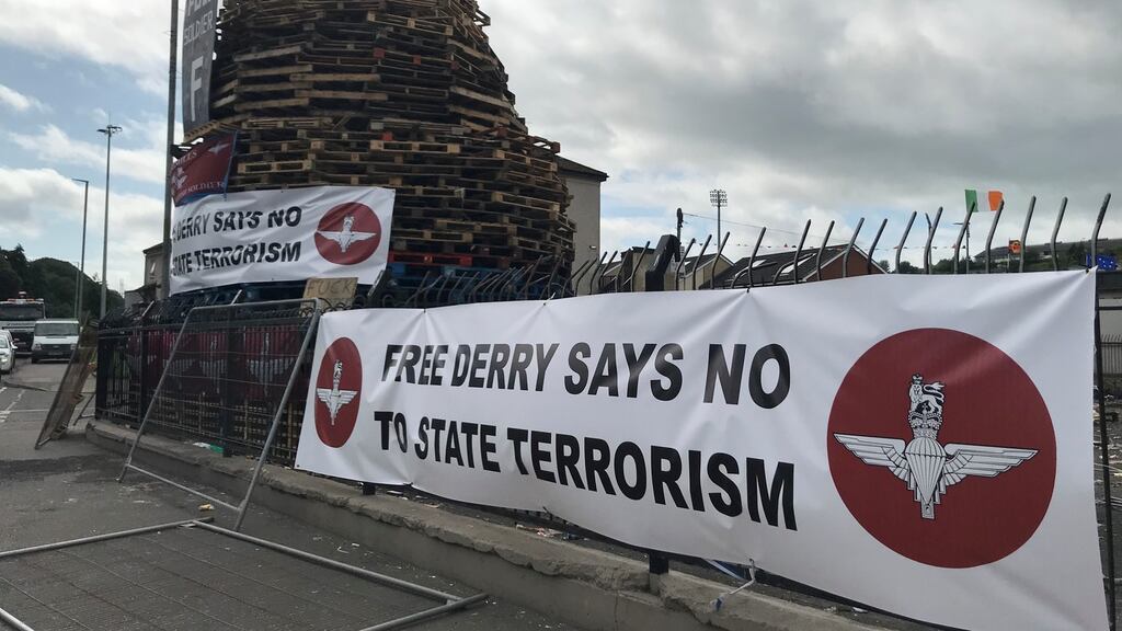 At a bonfire in the Bogside, among the flags burned were those of the Parachute Regiment and an effigy of Soldier F. Photograph: Freya McClements