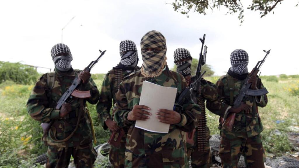 A group of Al Shabaab militants pictured in Somalia last October. In the three months to December, the Somali government said it had killed more than 600 Al Shabaab members, while capturing 68 settlements. File photograph: Feisal Omar/Reuters