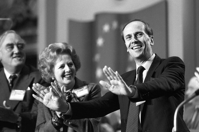 Norman Tebbit appeals to delegates to stop the applause after his speech at the opening of the annual Tory conference in Blackpool. Photograph: PA/PA Wire