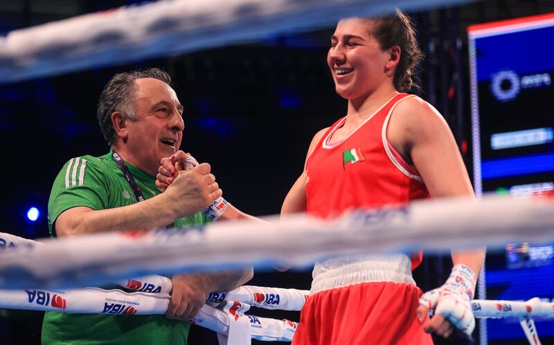 2025 IBA Women's World Boxing Championships, Cair Sports Centre, Nis, Serbia 14/3/2025
70-75kg Middleweight Semi-Final
Aoife O’Rourke (Ireland) vs Nikolina Gajic (Serbia)
Ireland’s Aoife O’Rourke celebrates winning with her coach Zaur Antia
Mandatory Credit ©INPHO/Aleksandar Djorovic