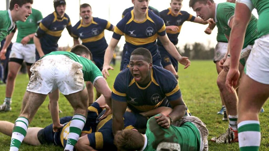 Kings Hospital’s Ntinga Mipke celebrates after his team scored a try against Gonzaga at Balbriggan yesterday. Photograph: Morgan Treacy/Inpho.