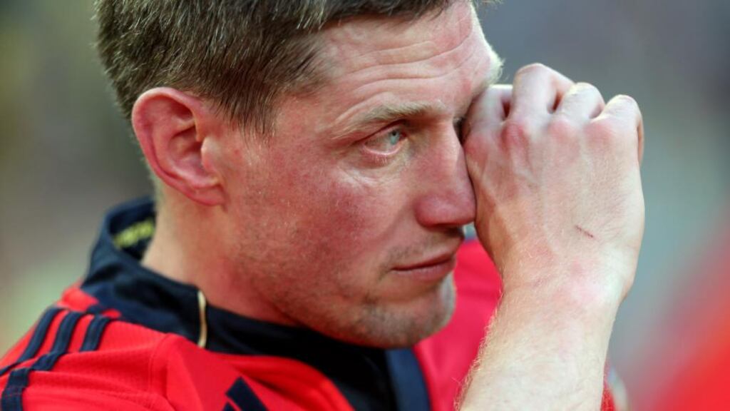 Ronan O’Gara shows his emotions after Munster’s Heineken Cup semi-final defeat to Clermont Auvergne in Montpellier. Photograph: James Crombie/Inpho