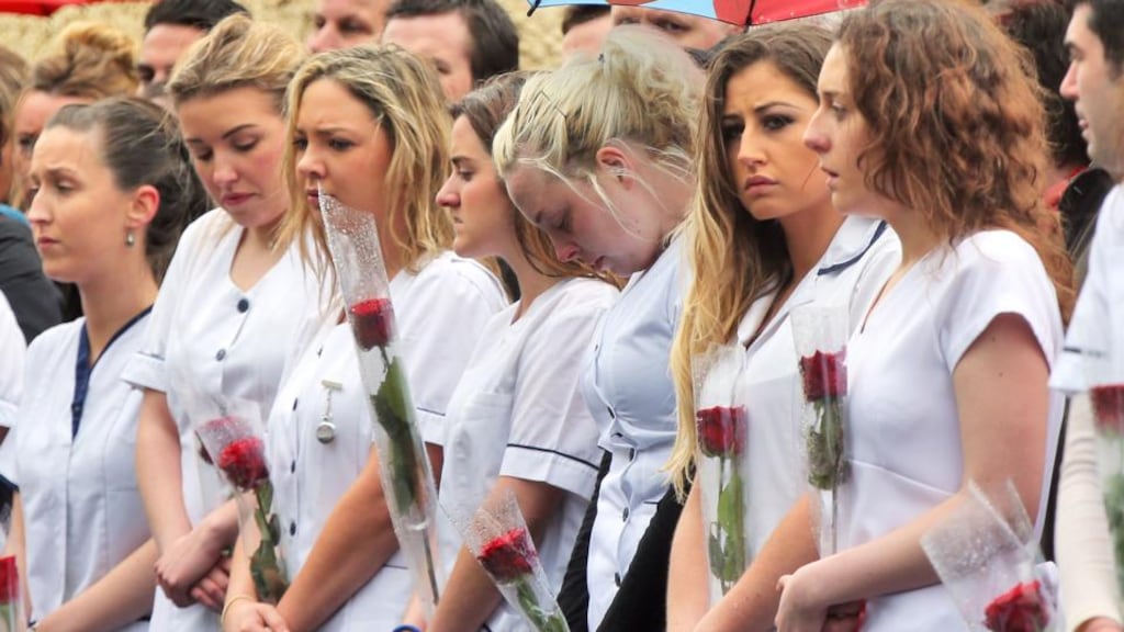 Members of Karen Buckley’s graduation class at her funeral in Analeentha, Mourneabbey, Co. Cork. Photograph: Colin Keegan/Collins Dublin