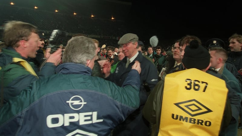An emotional Jack Charlton on the pitch after English fans rioted during the 1995 friendly international against England at Lansdowne Road in 1995. Photograph: Billy Stickland/Inpho