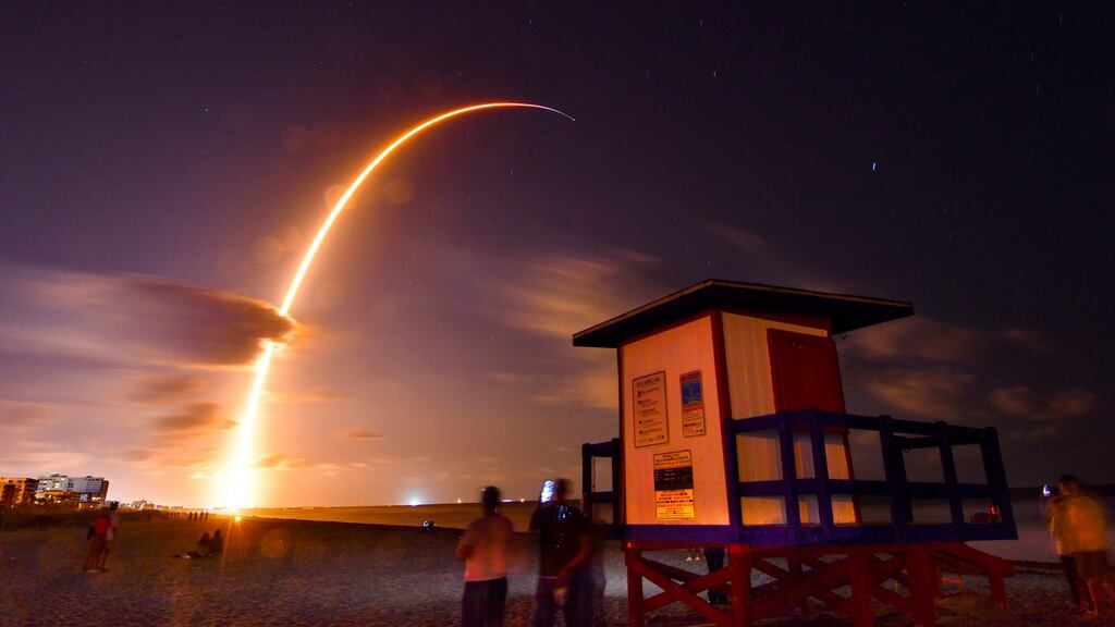 One of Elon Musk’s  SpaceX rockets, with a payload of 60 satellites for the Starlink broadband network, lifts off from Florida’s Cape Canaveral Air Force Station. Photograph: Malcolm Denemark/Florida Today via AP
