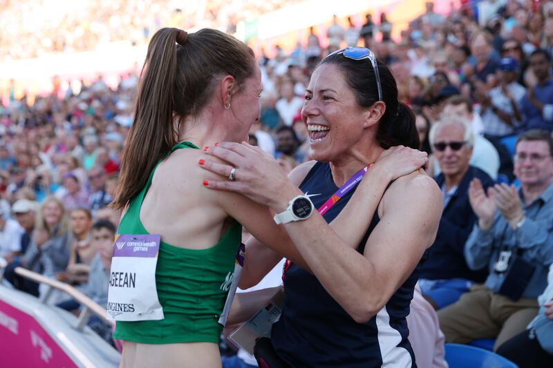 Ciara Mageean celebrates winning the silver medal. Photograph: Michael Steele/Getty Images