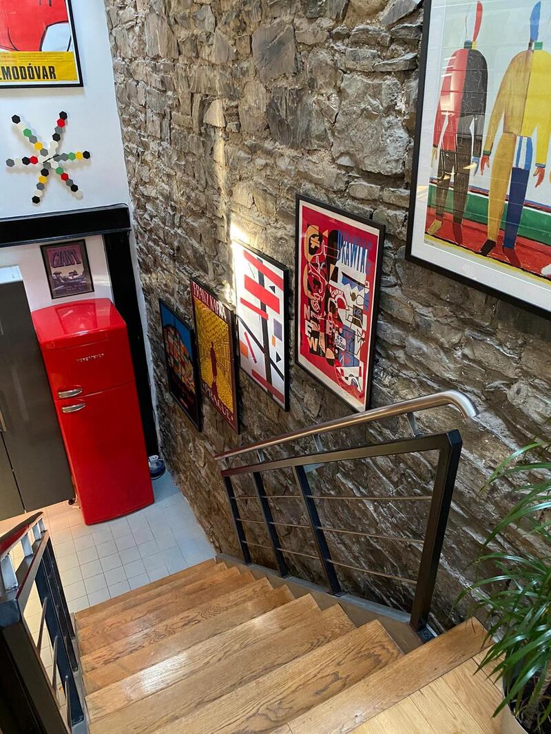 The staircase and exposed stone walls