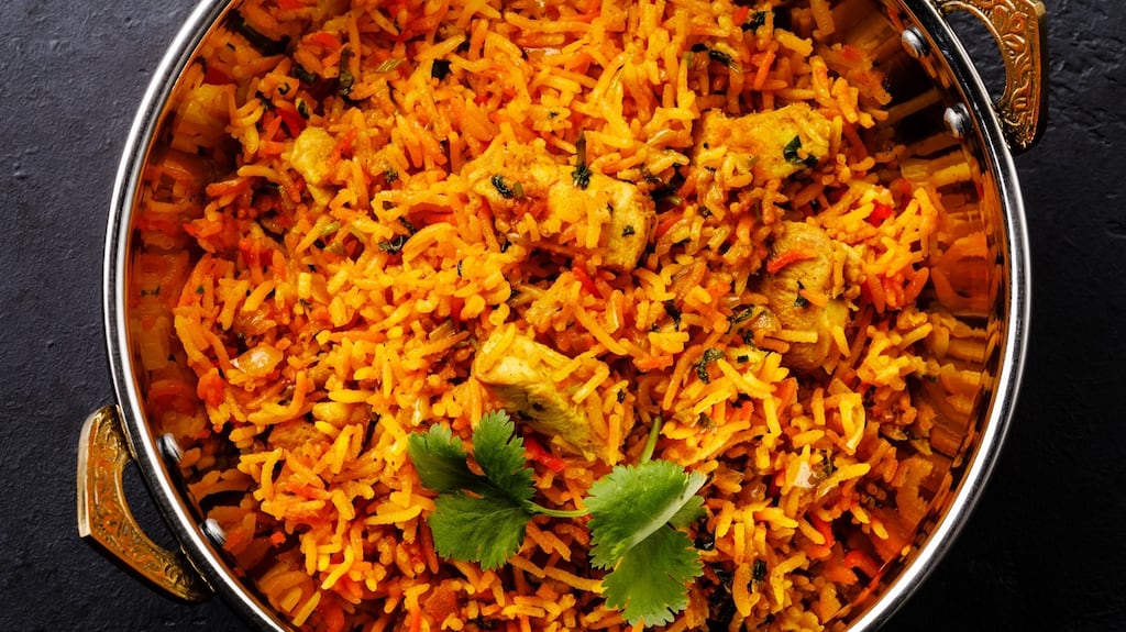 Fragrant, golden Mauritian chicken biryani