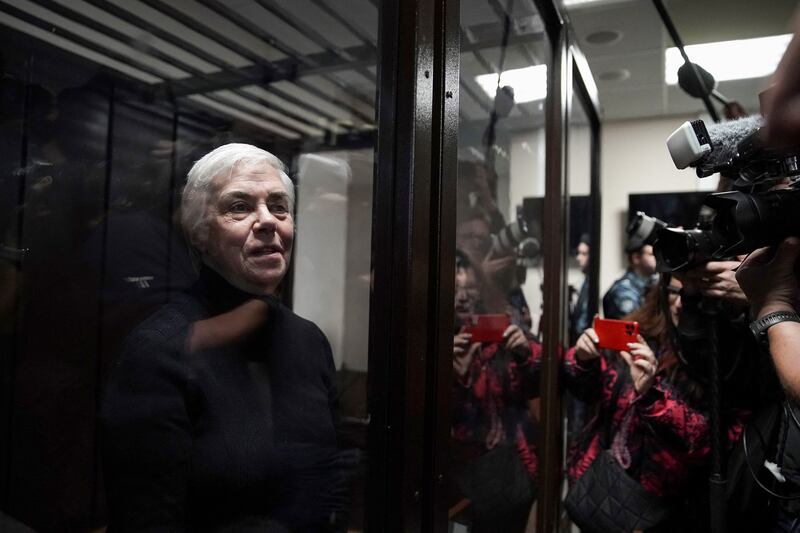 Paediatrician Nadezhda Buyanova, who was jailed for 5½ years on Tuesday for spreading 'fake' information about the Russian army, pictured in a Moscow court as she awaits the verdict. Photograph: Tatyana Makeyeva/AFP via Getty Images