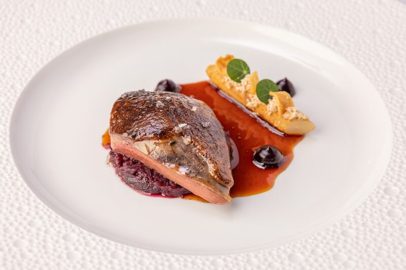 Squab pigeon sitting on a bed of red cabbage with a rich earthy jus