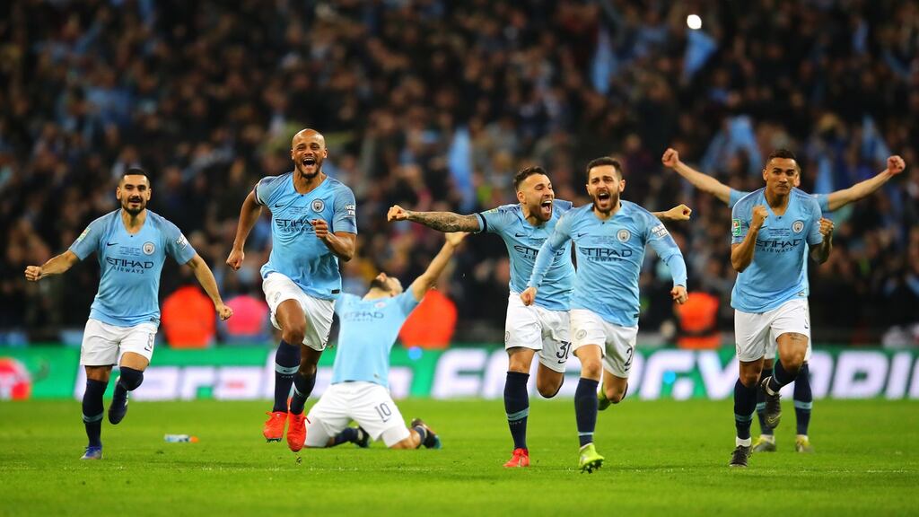 Manchester City celebrate after the penalty shootout against Chelsea in the Carabao Cup final at Wembley Stadium on February 24th, 2019. Photograph: Brunskill/Fantasista/Getty Images
