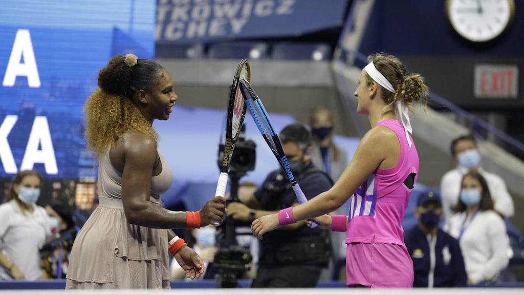 Victoria Azarenka and Serena Williams at the net after their semi-final in New York. Photograph: EPA