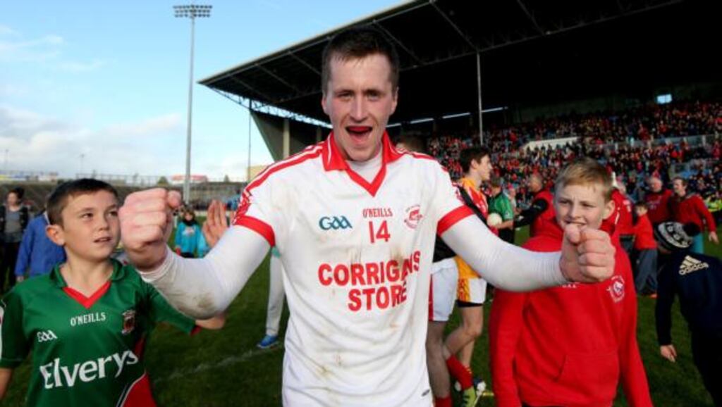 Ballintubber’s Cillian O’Connor celebrates his club’s victory over Castlebar Mitchels at MacHale Park. Photo: Ryan Byrne/Inpho