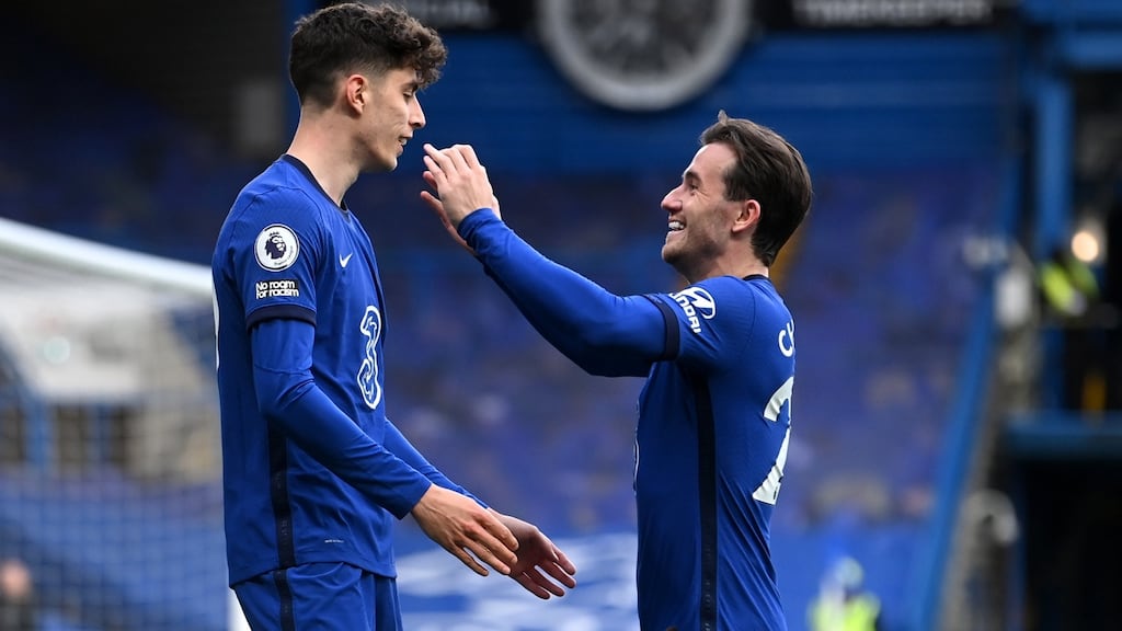 Kai Havertz celebrates with Ben Chilwell after scoring against Fulham. Photograph: EPA
