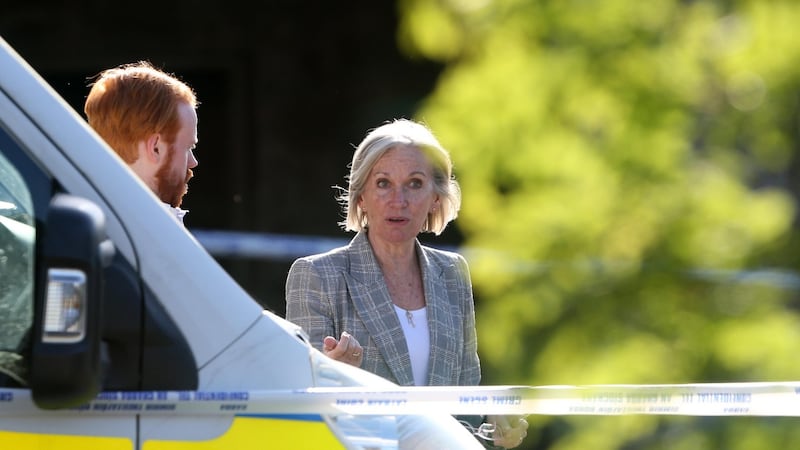 State Pathologist Dr Marie Cassidy at the scene at a derelict house and farmyard on the Clonee Road in Lucan. Photograph: Collins
