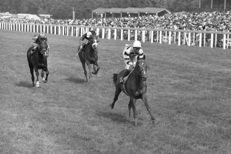 Lester Piggott (right) competes in a race in 1975. Photograph: PA