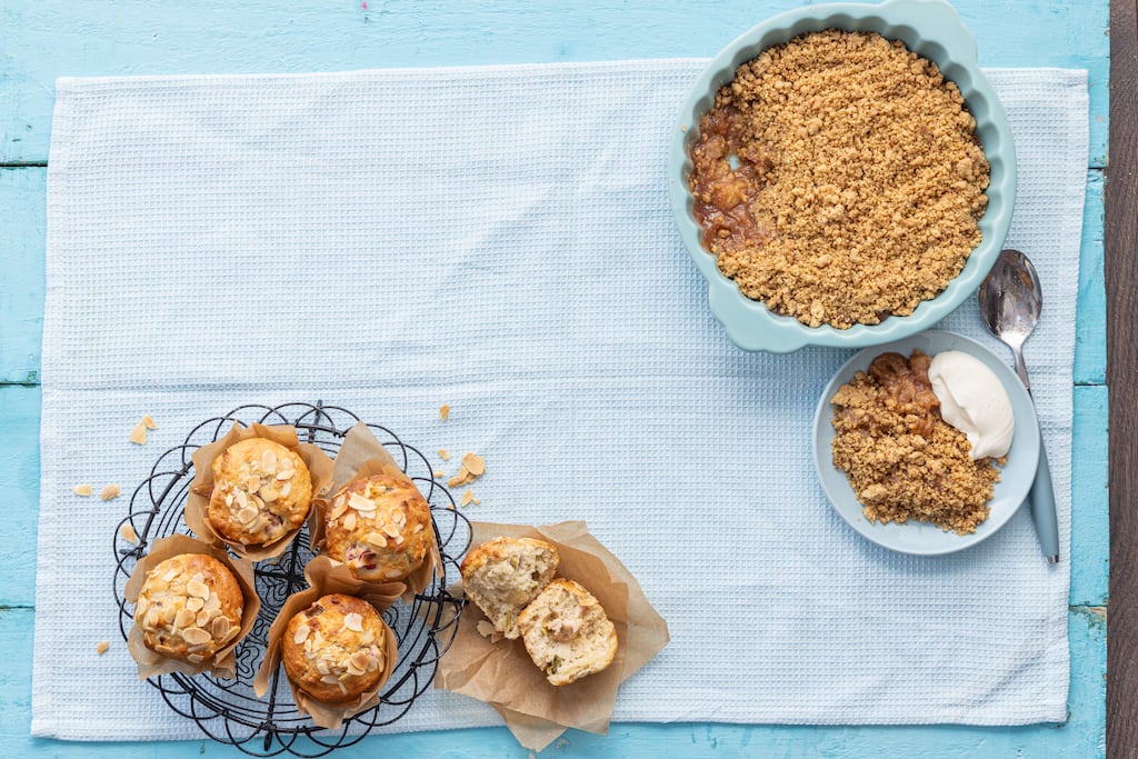 Rhubarb, orange and ginger crumble; and rhubarb and almond breakfast muffins