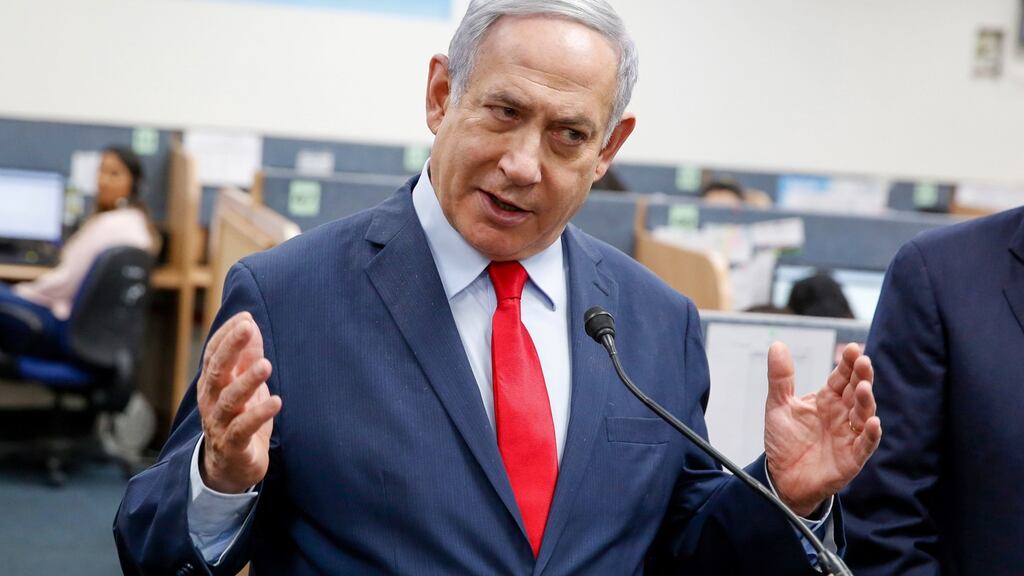 Israeli Prime Minister Benjamin Netanyahu delivers a speech during a visit to the Corona virus outbreak. Photograph: Gil Cohen Magen/AFP