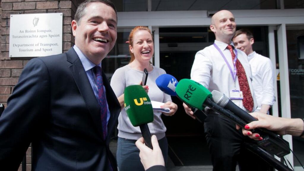 Minister for Transport Paschal Donohoe speaking to reporters on the Ryanair decision to accept IAG’s offer, yesterday. Photograph: Gareth Chaney Collins