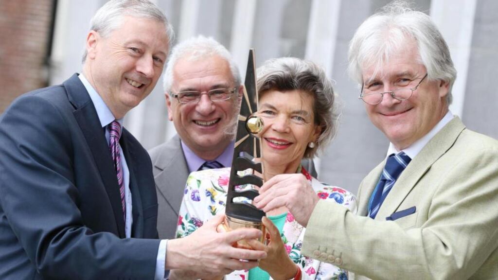 Alexander Van Gabain, chairman of the European Institure of Innovation and Technology (right), receiving his award for Serial Entrepreneurship at the Innovation Luminary Awards from Prof Martin Curley, vice-president of Intel Labs Eurpoe, Peter Finnegan, director international relations at Dublin City Council, and Megan Richards of the European Commission