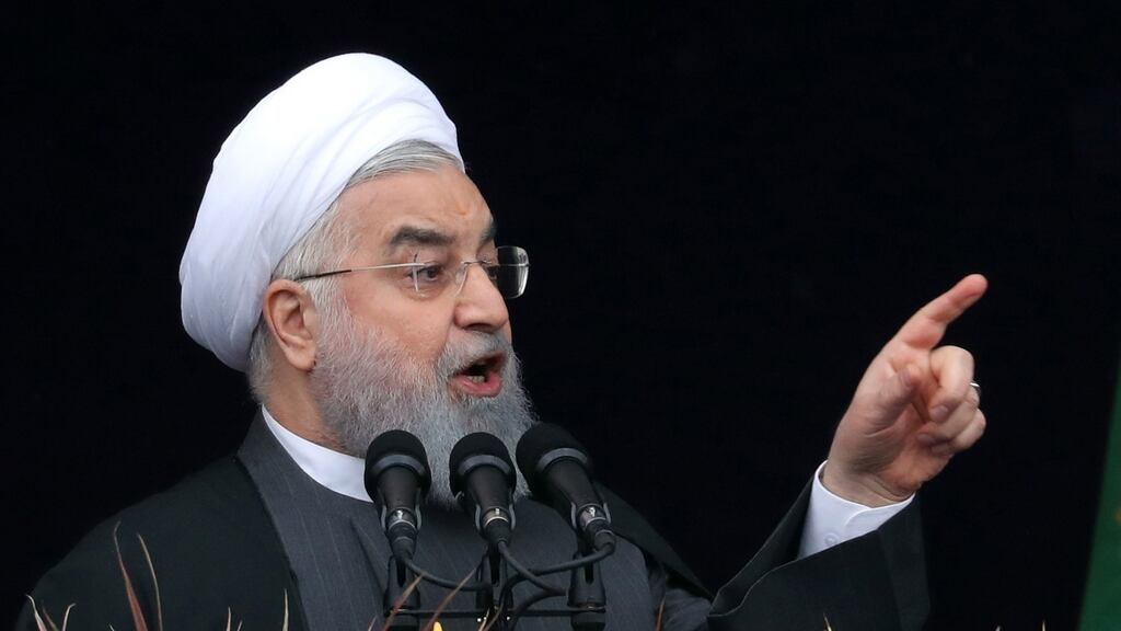 Iranian president Hassan Rouhani delivers his speech during a ceremony marking the 40th anniversary of the 1979 Islamic Revolution, at the Azadi (Freedom) square in Tehran, Iran. Photograph: Abedin Taherkenareh/EPA