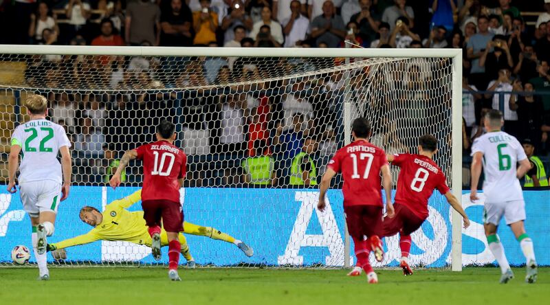 Armenia's Eduard Spertsyan scores his sides first goal from a penalty. Photograph: Ryan Byrne/Inpho