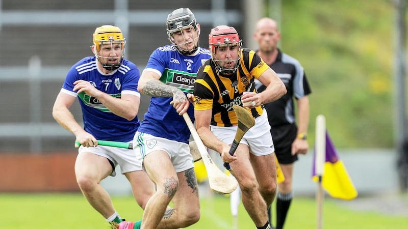 Shelmaliers’ Ciarán Shaughnessy (right) is challenged by Jack Fenlon of Glynn-Barntown during the during the Wexford SHC semi-final at Chadwicks Wexford Park. Photograph: Laszlo Geczo/Inpho