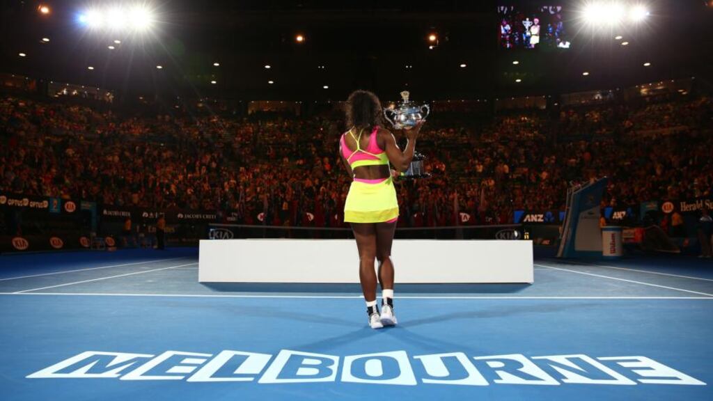 Serena Williams is now just three grand slams short of Steffi Graf’s record after she beat Maria Shrapova in straight sets to win her sixth Australian Open title. (Photo by Clive Brunskill/Getty Images)