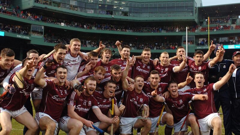 Galway celebrating after winning the Fenway Hurling Classic at Fenway Park, Boston, in 2015. Photograph: Emily Harney/Inpho
