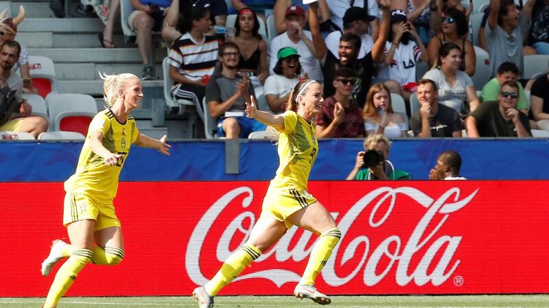 Sweden’s Kosovare Asllani celebrates her goal against England in the third place play-off. Photograph: Eric Gaillard/Reuters