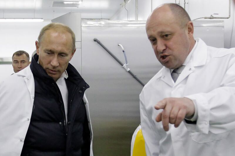 Yevgeny Prigozhin, founder of Russia’s Wagner mercenary force, shows Russian prime minister Vladimir Putin his school lunch factory outside Saint Petersburg on September 20th, 2010. Photograph: Alexey Druzhinin/Sputnik/AFP via Getty