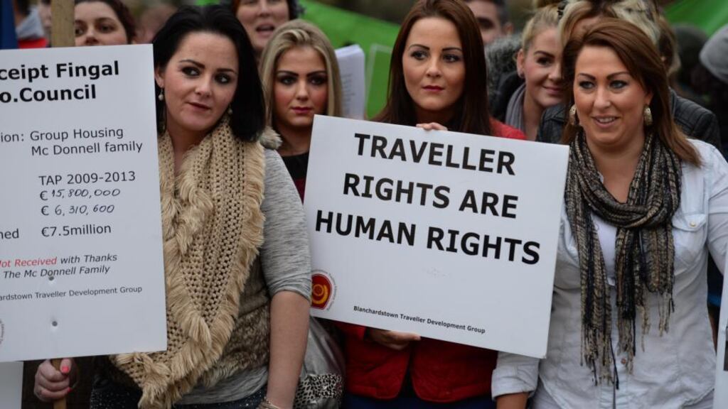 National and local Traveller organisations protesting in Dublin last year. An Oireachtas Committee is calling for Traveller ethnicity to be recognised. Photograph: Dara Mac Dónaill