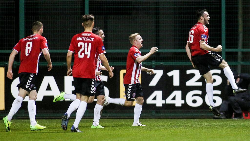Nathan Boyle celebrates his goal against champions Dundalk. Photograph: Lorcan Doherty/Inpho