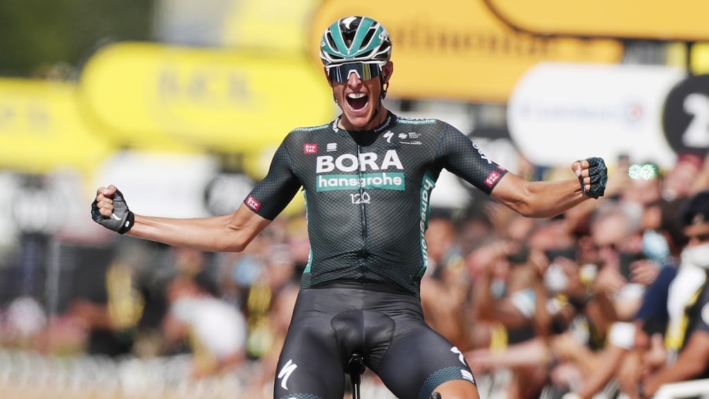 Nils Politt celebrates his stage 12 victory in the Tour de France. Photograph: Guillaume Horcajuelo/EPA