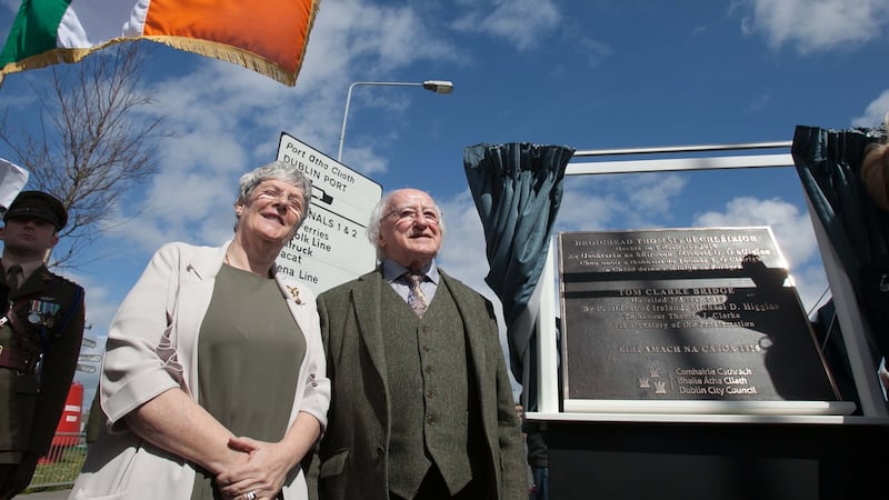 Helen Litton great-grandniece of Tom Clarke with President Michael D Higgins during a ceremony to rename the East Link bridge in Ringsend, Dublin. Photograph: Gareth Chaney/Collins