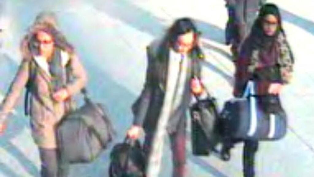 A CCTV picture from the Metropolitan Police Service shows the three British teenagers at Gatwick Airport, before flying to Istanbul, raising concerns they would travel on to Syria to join IS jihadists. Photograph: AFP/Metropolitan Police/Getty Images