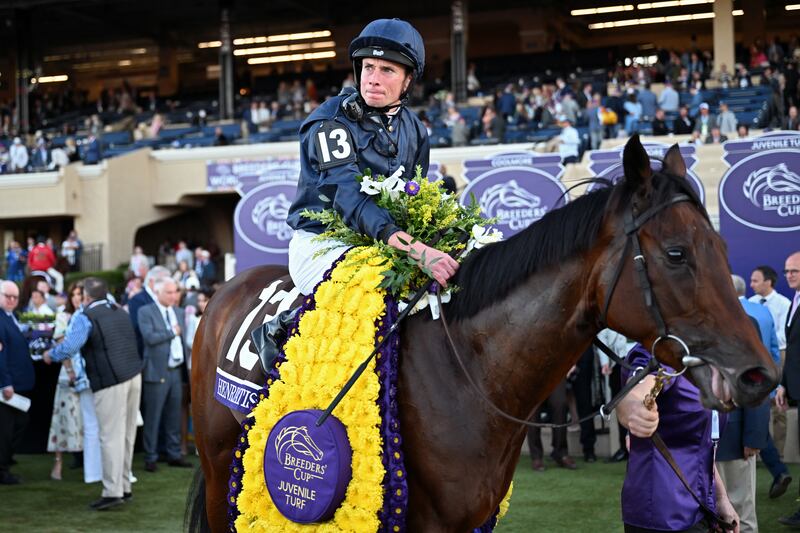 Ryan Moore and Henri Matisse after winning the Breeders' Cup Juvenile Turf race on November 1st, 2024, in Del Mar, California. Photograph: Orlando Ramirez/Getty Images