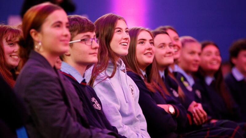 Some of the students at the Penguin Talks: Saoirse Ronan and Scarlett Curtis event at Scoil Chaitríona, Glasnevin, Drumcondra, Dublin. Photograph: Nick Bradshaw/The Irish Times