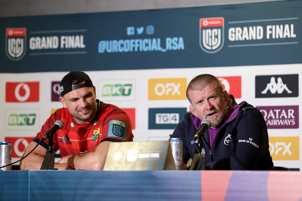Tadhg Beirne with Munster head coach Graham Rowntree after the URC final victory over the Stormers in Cape Town in May 2023. Photograph: Laszlo Geczo/Inpho