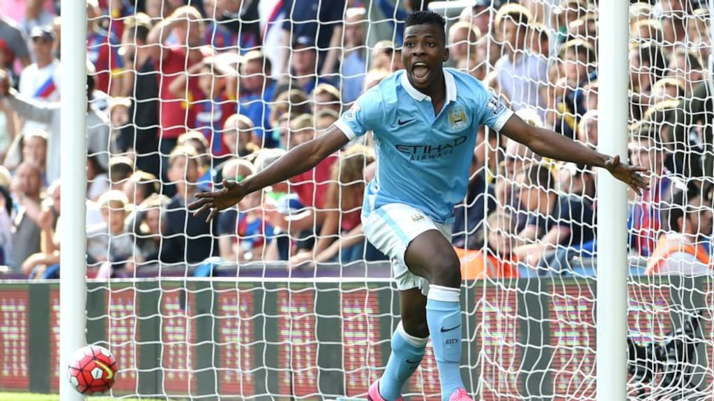 Manchester City’s Kelechi Iheanacho celebrates scoring in the 90th minute to secure a 1-0 win  against Crystal Palace. Photograph:  EPA/Facundo Arrizabalaga