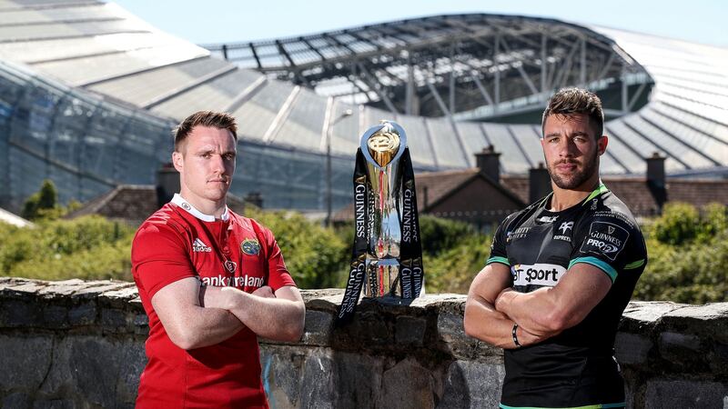 Rory Scannell (Munster) and Rhys Webb (Ospreys) whose respective sides meet in the  Guinness PRO12 semi-final.  Photograph: Dan Sheridan/Inpho