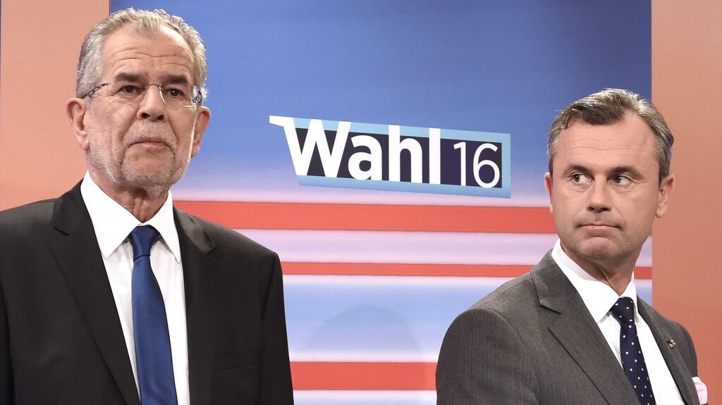 Presidential candidates Alexander Van der Bellen (left) of the Austrian Greens and Norbert Hofer (right) of the Austrian Freedom Party (FPÖ) during a live television discussion after the second round of Austrian presidential elections on May 22nd, 2016, at the Hofburg palace in Vienna. Photograph: Helmut Fohringer/AFP/Getty Images
